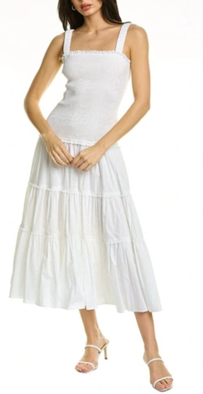 NWT Cinq a Sept Rina Midi White Dress Size 4 Bridal Smocked Detail